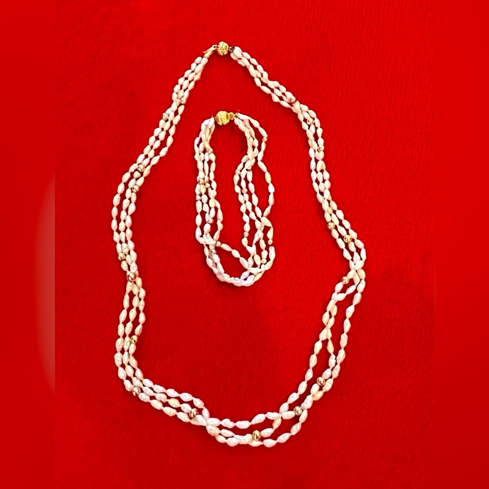 Seed Pearl and Gold Necklace with Matching Bracelet